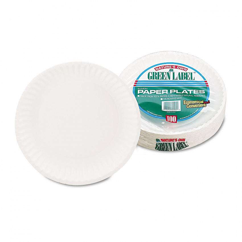 White Paper Plates, 9" dia, 100/Pack (PP9GREWHPK)