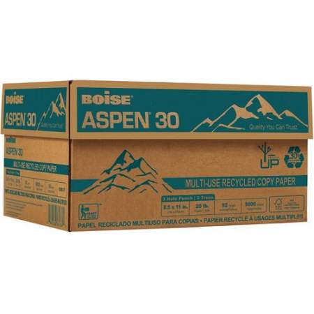 BOISE ASPEN 30% Recycled Multi-Use Copy Paper, 8.5" x 11" Letter, 3 Hole Punch, 92 Bright White, 20 lb., 10 Ream Carton (5,000 Sheets) (054901P)