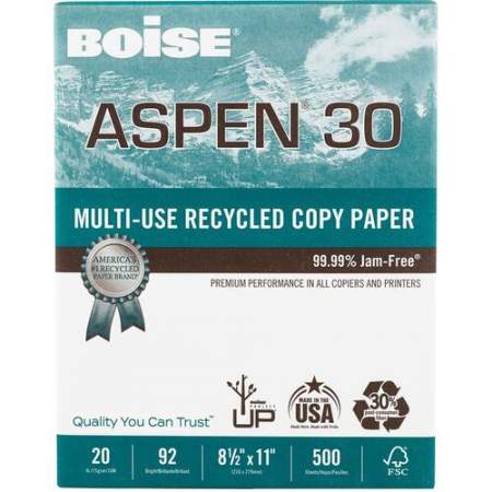 BOISE ASPEN 30% Recycled Multi-Use Copy Paper, 8.5" x 11" Letter, 92 Bright White, 20 lb., 10 Ream Carton (5,000 Sheets) (054901)