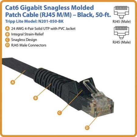 Tripp Lite 50ft Cat6 Gigabit Snagless Molded Patch Cable RJ45 M/M Black 50' (N201050BK)