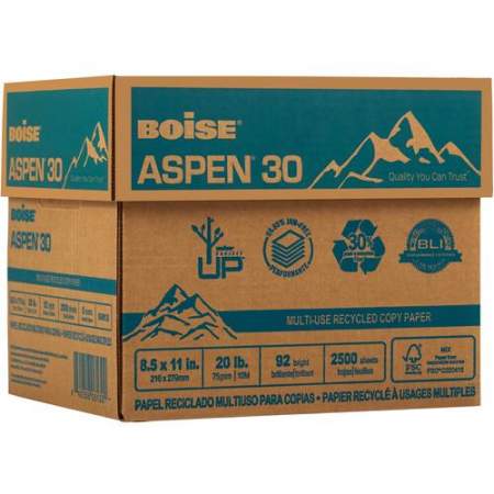 BOISE ASPEN 30% Recycled Multi-Use Copy Paper, 8.5" x 11" Letter, 92 Bright White, 20 lb., 5 Ream Carton (2,500 Sheets) (054901JR)
