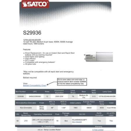 Satco 12W T8 LED Tube (S29936)