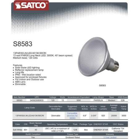 Satco 13PAR20 LN LED 3K Bulb (S8583)