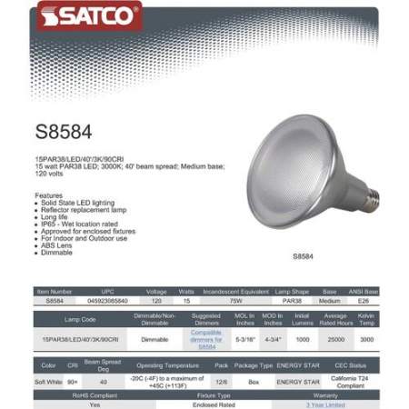 Satco 15PAR38 LED 3K Bulb (S8584)