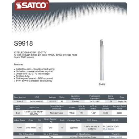Satco 43T8 LED 96-840 BP 120-277V Tube Bulb (S9918)
