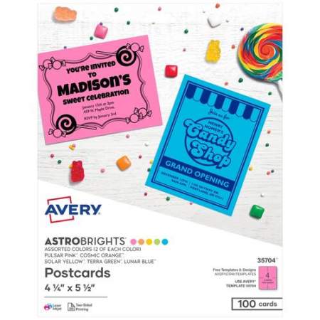 Avery Astrobrights Laser, Inkjet Postcard - Solar Yellow, Terra Green, Lunar Blue, Cosmic Orange, Pulsar Pink - Recycled - 30% (35704)