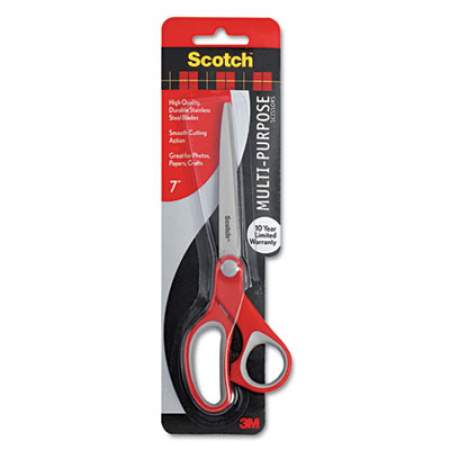 Scotch Multi-Purpose Scissors, Pointed Tip, 7" Long, 3.38" Cut Length, Gray/Red Straight Handle (1427)