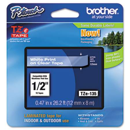 Brother P-Touch TZe Standard Adhesive Laminated Labeling Tape, 0.47" x 26.2 ft, White on Clear (TZE135)
