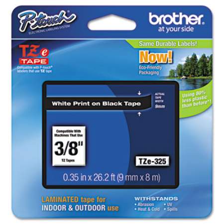 Brother P-Touch TZe Standard Adhesive Laminated Labeling Tape, 0.35" x 26.2 ft, White on Black (TZE325)