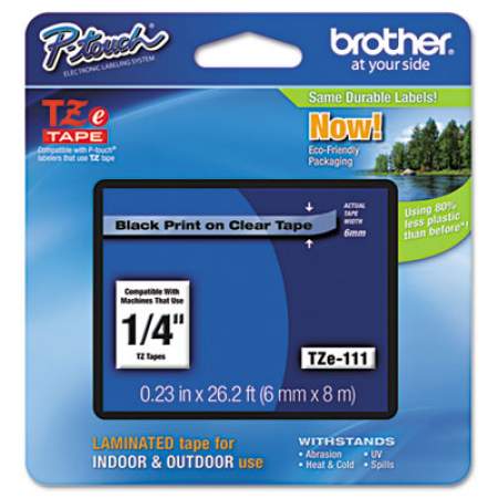 Brother P-Touch TZe Standard Adhesive Laminated Labeling Tape, 0.23" x 26.2 ft, Black on Clear (TZE111)