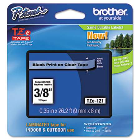 Brother P-Touch TZe Standard Adhesive Laminated Labeling Tape, 0.35" x 26.2 ft, Black on Clear (TZE121)