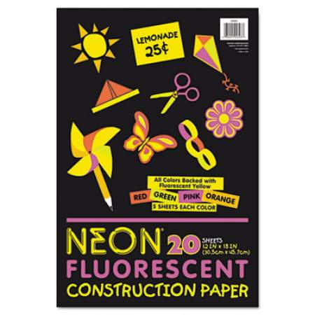 Pacon Neon Construction Paper, 76lb, 12 x 18, Assorted, 20/Pack (104303)