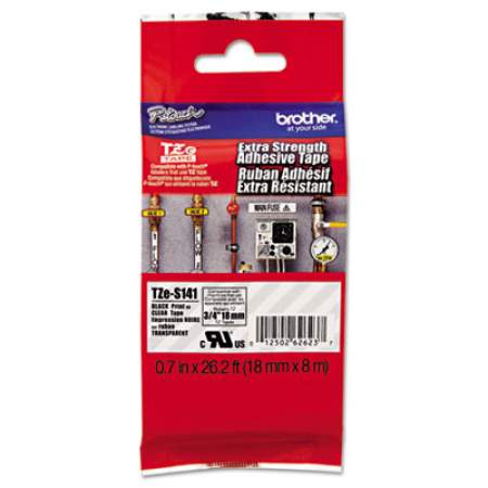 Brother P-Touch TZe Extra-Strength Adhesive Laminated Labeling Tape, 0.7" x 26.2 ft, Black on Clear (TZES141)