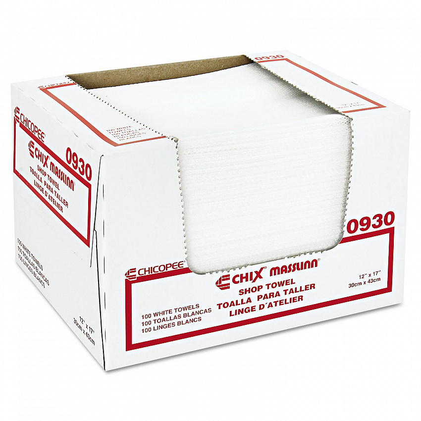 Masslinn Shop Towels, 1-Ply, 12 x 17, Unscented, White, 100/Pack, 12 Packs/Carton (0930)