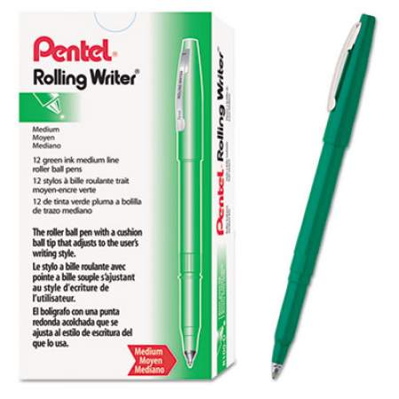 Pentel Rolling Writer Roller Ball Pen, Stick, Medium 0.8 mm, Green Ink, Green Barrel, Dozen (R100D)