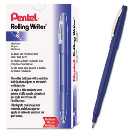 Pentel Rolling Writer Roller Ball Pen, Stick, Medium 0.8 mm, Blue Ink, Blue Barrel, Dozen (R100C)