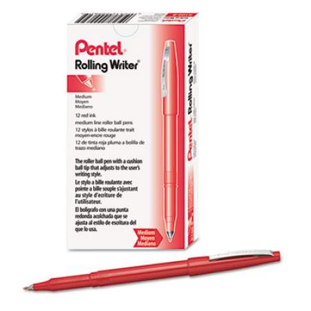 Pentel Rolling Writer Roller Ball Pen, Stick, Medium 0.8 mm, Red Ink, Red Barrel, Dozen (R100B)