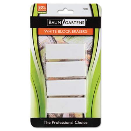 Baumgartens Block Eraser, For Pencil Marks, Rectangular Block, Medium, White, 4/Pack (74121)