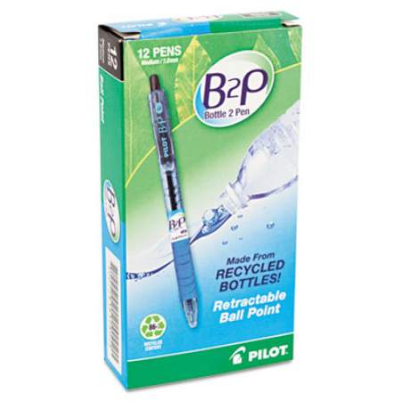 Pilot B2P Bottle-2-Pen Recycled Ballpoint Pen, Retractable, Medium 1 mm, Black Ink, Translucent Blue Barrel, Dozen (32800)