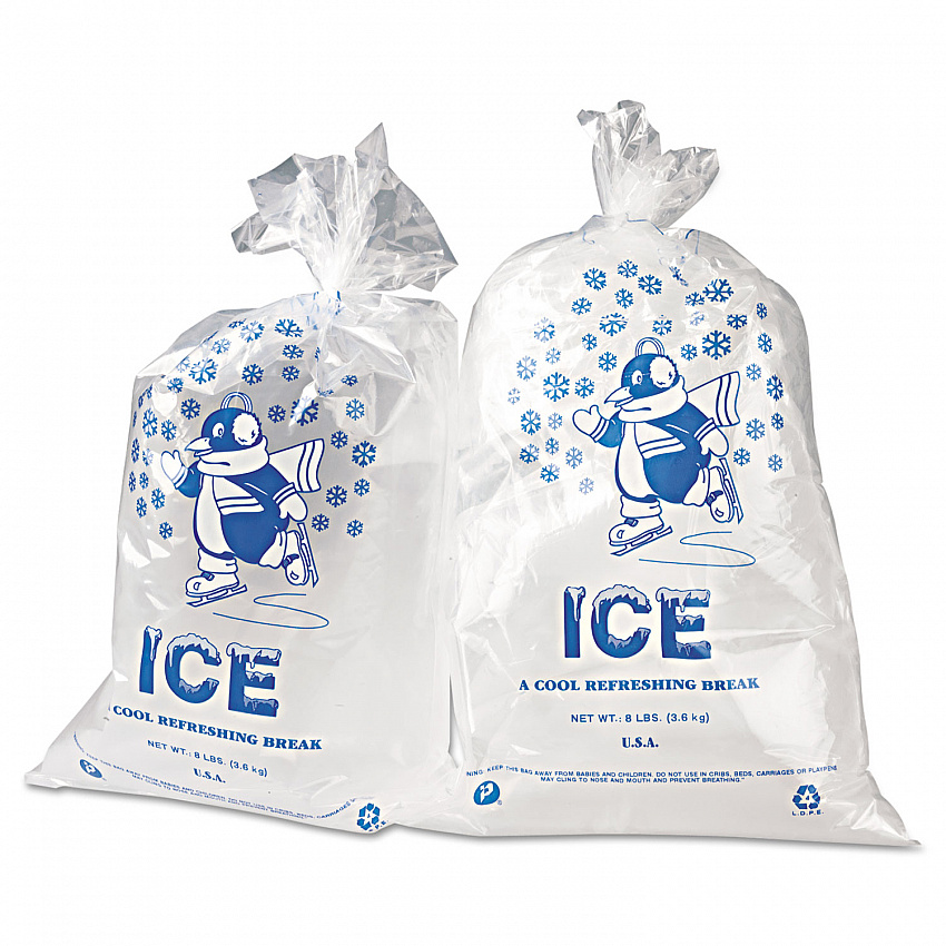 Ice Bags with Twist-Ties, Ice: Penguin Icon Labeling, 8 lb Capacity, 11" x 20", Clear, 1,000/Carton (IC1120)
