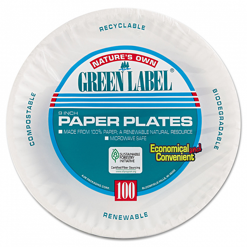 Paper Plates, 9" dia, White, 100/Pack, 12 Packs/Carton (PP9GRAWH)
