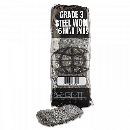 Industrial-Quality Steel Wool Hand Pads, #3 Medium, Steel Gray, 16 Pads/Sleeve, 12 Sleeves/Carton (117006)