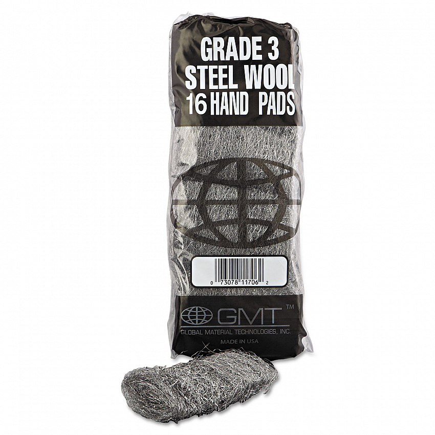 Industrial-Quality Steel Wool Hand Pads, #3 Medium, Steel Gray, 16 Pads/Sleeve, 12 Sleeves/Carton (117006)