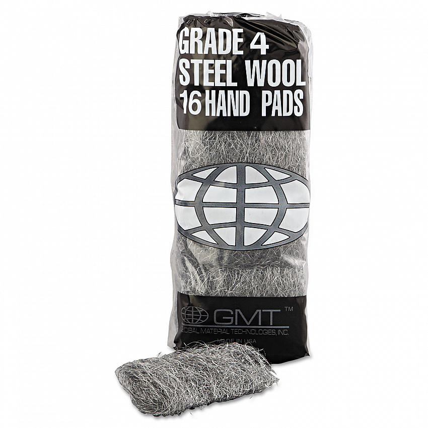 Industrial-Quality Steel Wool Hand Pads, #4 Extra Coarse, Steel Gray, 16 Pads/Sleeve, 12 Sleeves/Carton (117007)