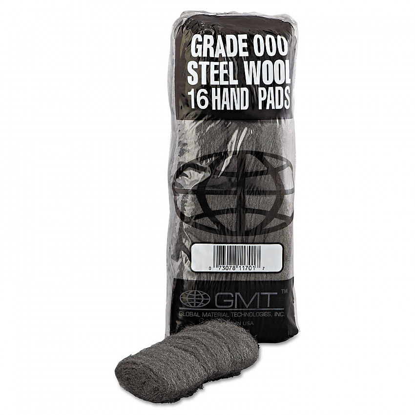 Industrial-Quality Steel Wool Hand Pads, #000 Extra Fine, Steel Gray, 16 Pads/Sleeve, 12 Sleeves/Carton (117001)