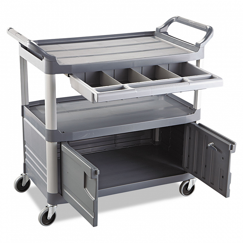 Xtra Instrument Cart with Locking Storage Area, Plastic, 3 Shelves, 300 lb Capacity, 20" x 40.63" x 37.8", Gray (4094GRA)