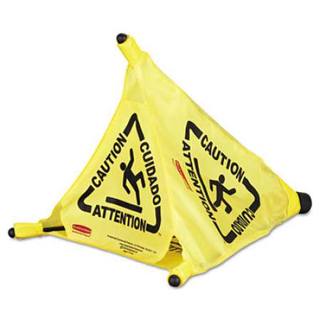Rubbermaid Commercial Multilingual Pop-Up Safety Cone, 3-Sided, Fabric, 21 x 21 x 20, Yellow (9S00YEL)