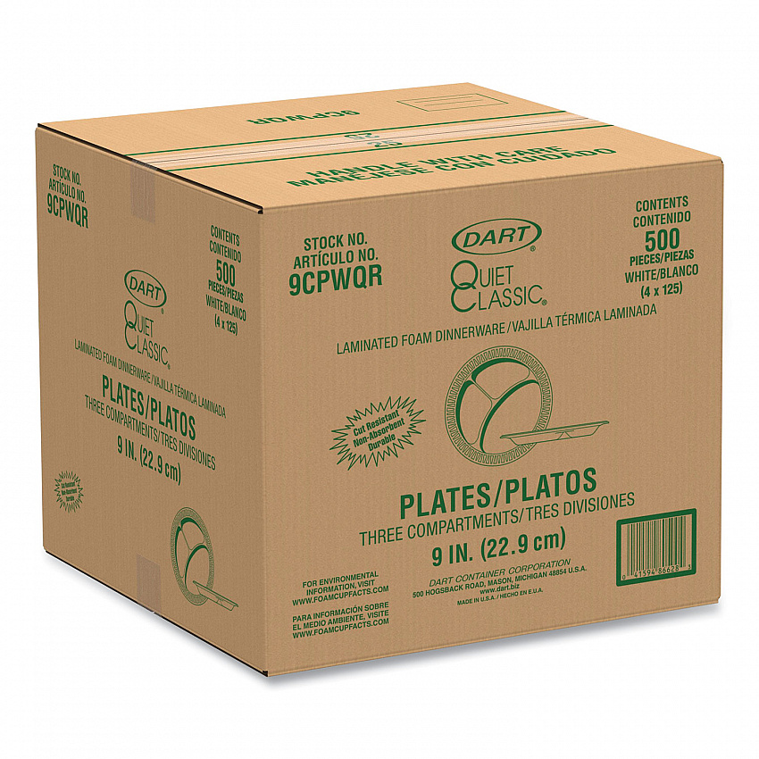 Quiet Classic Laminated Foam Plates, 3-Compartment Plate, 9" dia, White, 125/Pack, 4 Packs/Carton (9CPWQR)