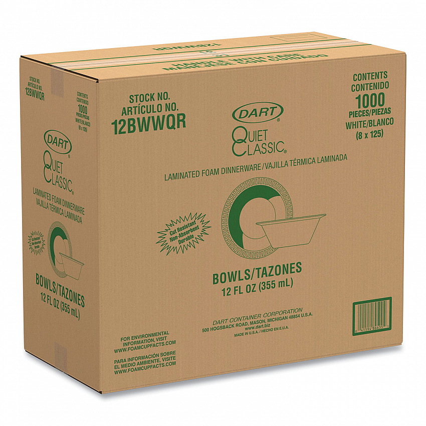 Quiet Classic Laminated Foam Dinnerware Bowls, 10 to 12 oz, White, 125/Pack, 8 Packs/Carton (12BWWQR)