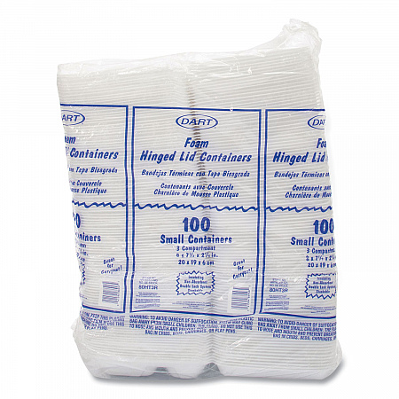 Foam Hinged Lid Containers, 3 Compartments, 7.5 x 8 x 2.3, White, 200/Carton (80HT3R)