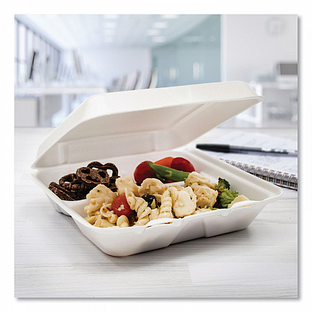 Foam Hinged Lid Containers, 3 Compartments, 7.5 x 8 x 2.3, White, 200/Carton (80HT3R)