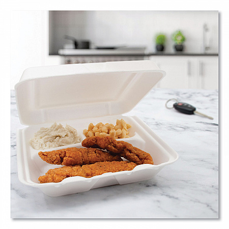 Foam Hinged Lid Containers, 3 Compartments, 7.5 x 8 x 2.3, White, 200/Carton (80HT3R)