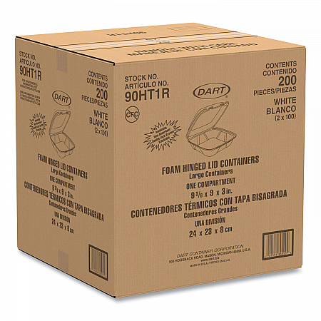 Foam Hinged Lid Containers, 9.01 x 9.4 x 3.1, White, 200/Carton (90HT1R)