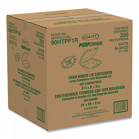 Foam Hinged Lid Container, Performer Perforated Lid, 9 x 9.4 x 3, White, 100/Bag, 2 Bag/Carton (90HTPF1R)