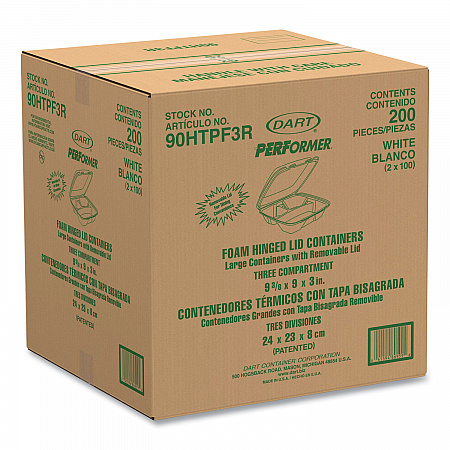 Foam Hinged Lid Container, Performer Perforated Lid, 3 Compartments, 9 x 9.4 x 3, White, 100/Bag, 2 Bag/Carton (90HTPF3R)