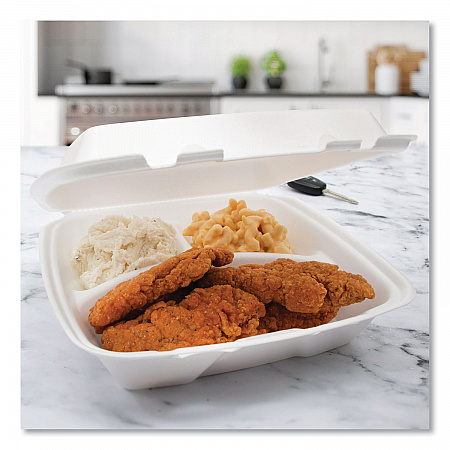 Foam Hinged Lid Container, Performer Perforated Lid, 3 Compartments, 9 x 9.4 x 3, White, 100/Bag, 2 Bag/Carton (90HTPF3R)