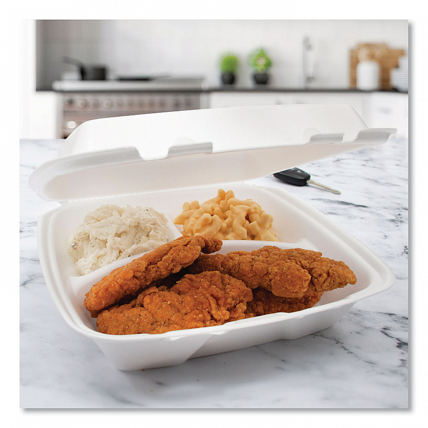Foam Hinged Lid Container, Performer Perforated Lid, 3 Compartments, 9 x 9.4 x 3, White, 100/Bag, 2 Bag/Carton (90HTPF3R)