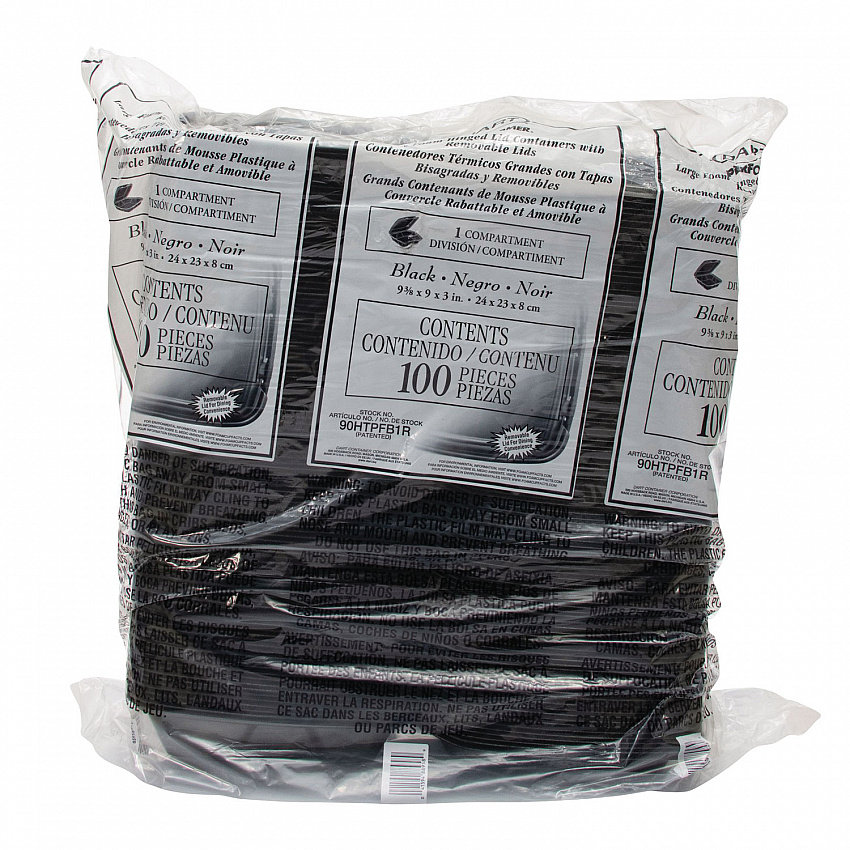 Insulated Foam Hinged Lid Containers, 9.01 x 9.4 x 3.1, Black, 100/Bag, 2 Bags/Carton, 200 Containers/Carton (90HTPFB1R)