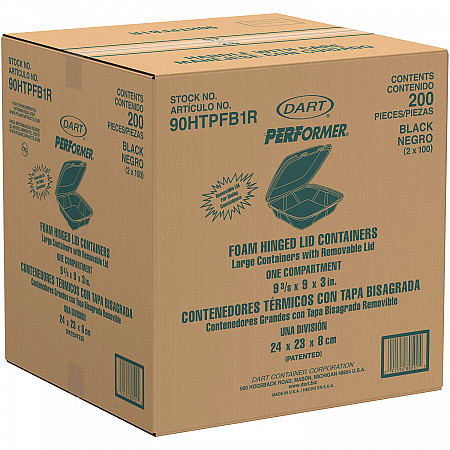 Insulated Foam Hinged Lid Containers, 9.01 x 9.4 x 3.1, Black, 100/Bag, 2 Bags/Carton, 200 Containers/Carton (90HTPFB1R)