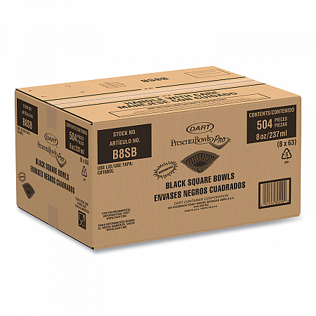 PresentaBowls Pro Black Square Bowls, 8 oz, 5 x 5 x 1.5, Plastic, 63/Bag, 8 Bags/Carton (B8SB)
