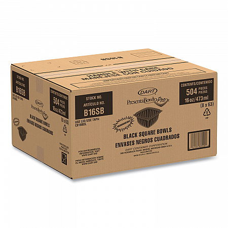 PresentaBowls Pro Black Square Bowls, 16 oz, 5 x 5 x 2.5, Plastic, 63/Bag, 8 Bags/Carton (B16SB)