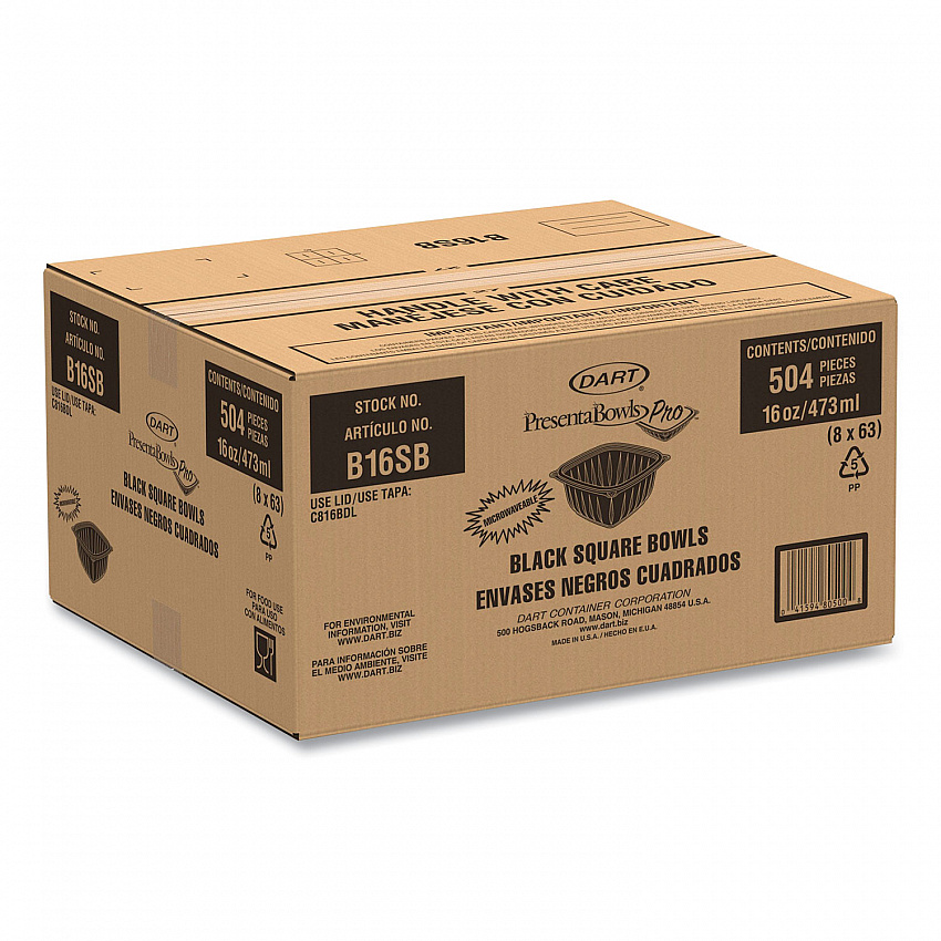 PresentaBowls Pro Black Square Bowls, 16 oz, 5 x 5 x 2.5, Plastic, 63/Bag, 8 Bags/Carton (B16SB)