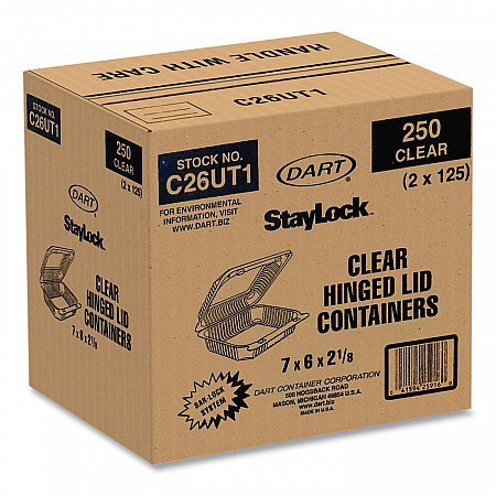 StayLock Clear Hinged Lid Containers, 6 x 7 x 2.1, Clear, Plastic, 125/Packs, 2 Packs/Carton (C26UT1)