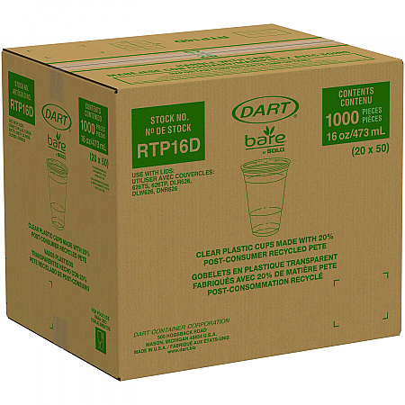 Bare Eco-Forward RPET Cold Cups ProPlanet Seal, 16 oz to 18 oz, Plastic, Leaf Design, Clear, 50/Pack, 20 Packs/Carton (RTP16DBARECT)