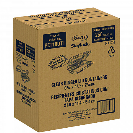 StayLock Clear Hinged Lid Containers, 4.5 x 8.5 x 2.1, Clear, Plastic, 250/Carton (PET18UT1)