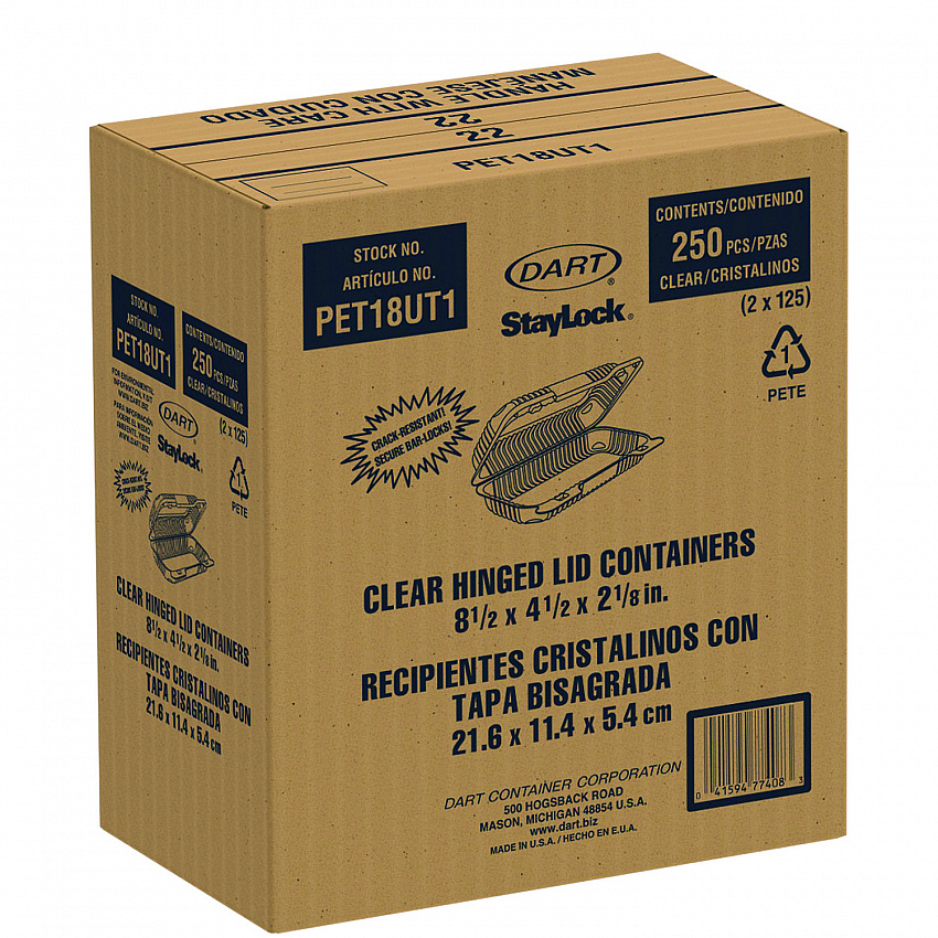 StayLock Clear Hinged Lid Containers, 4.5 x 8.5 x 2.1, Clear, Plastic, 250/Carton (PET18UT1)
